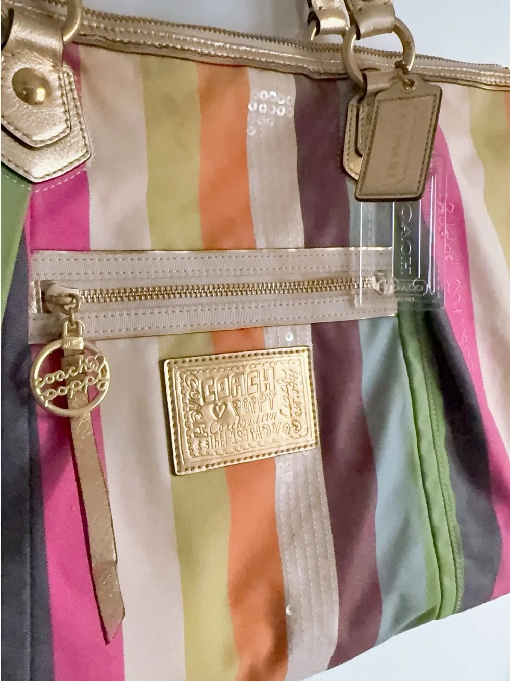 Authentic Coach Poppy Legacy Multicolor Stripes Tote Sequin & Gold Leather - Picture 4 of 12